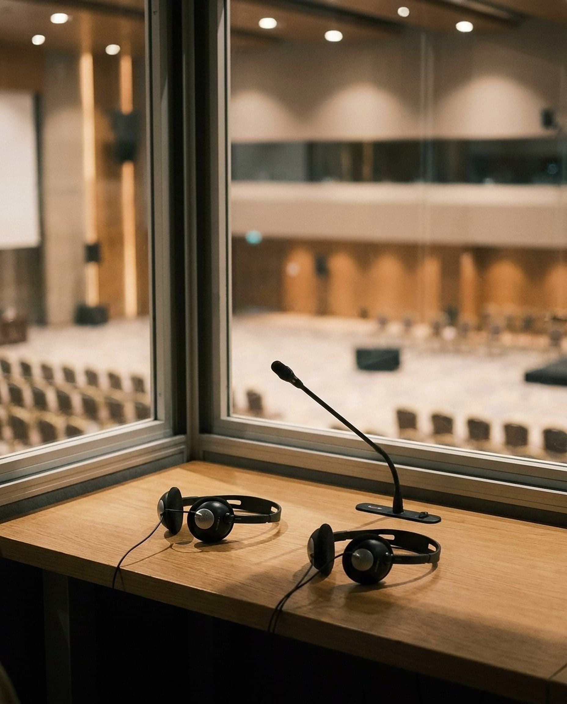 Dolmetscherkabine mit zwei Kopfhörern und Mikrofon vor einem leeren Konferenzsaal