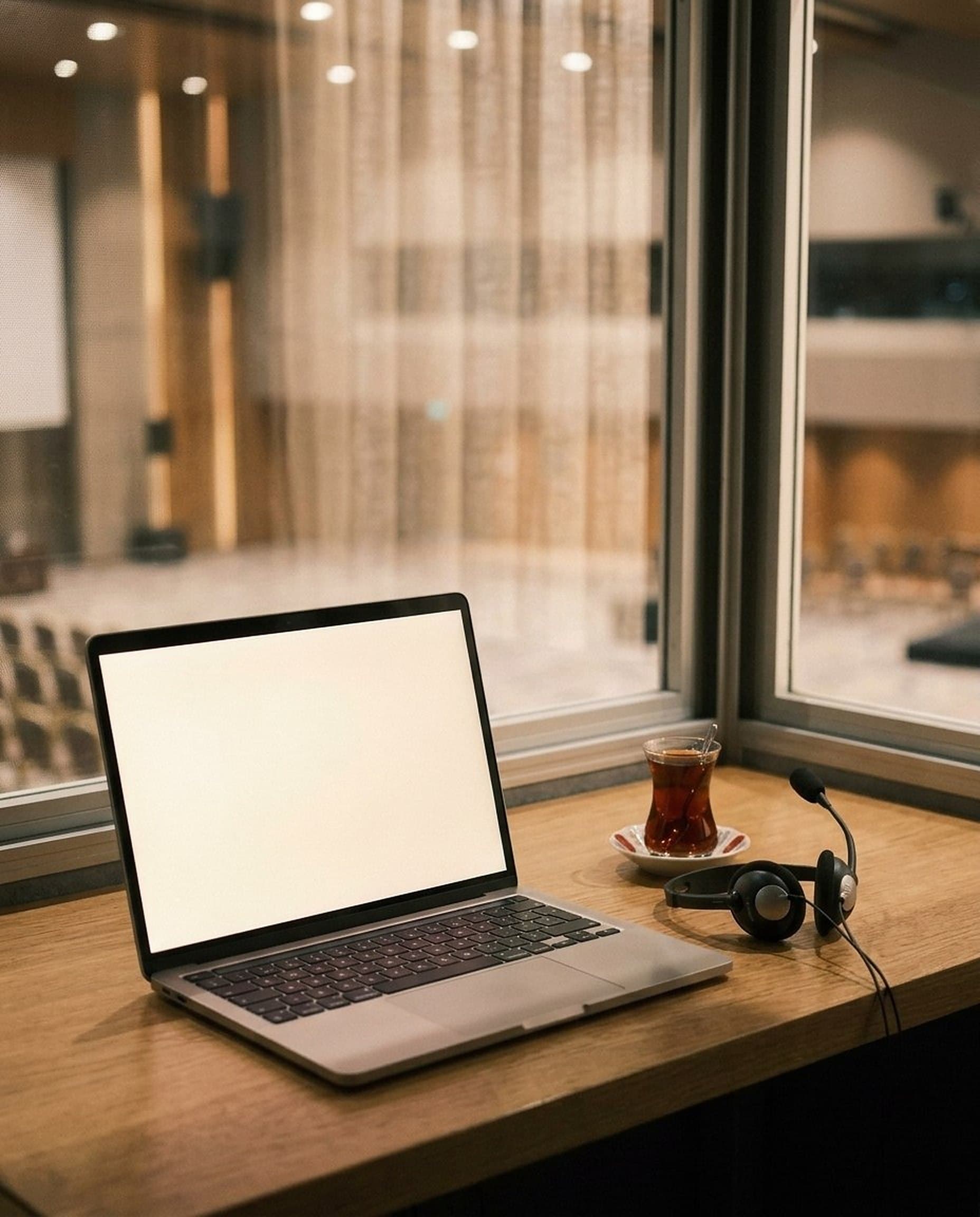 Aufgeklappter Laptop, Kopfhörer und ein Glas Tee auf einem Holzpult vor einer Glasscheibe